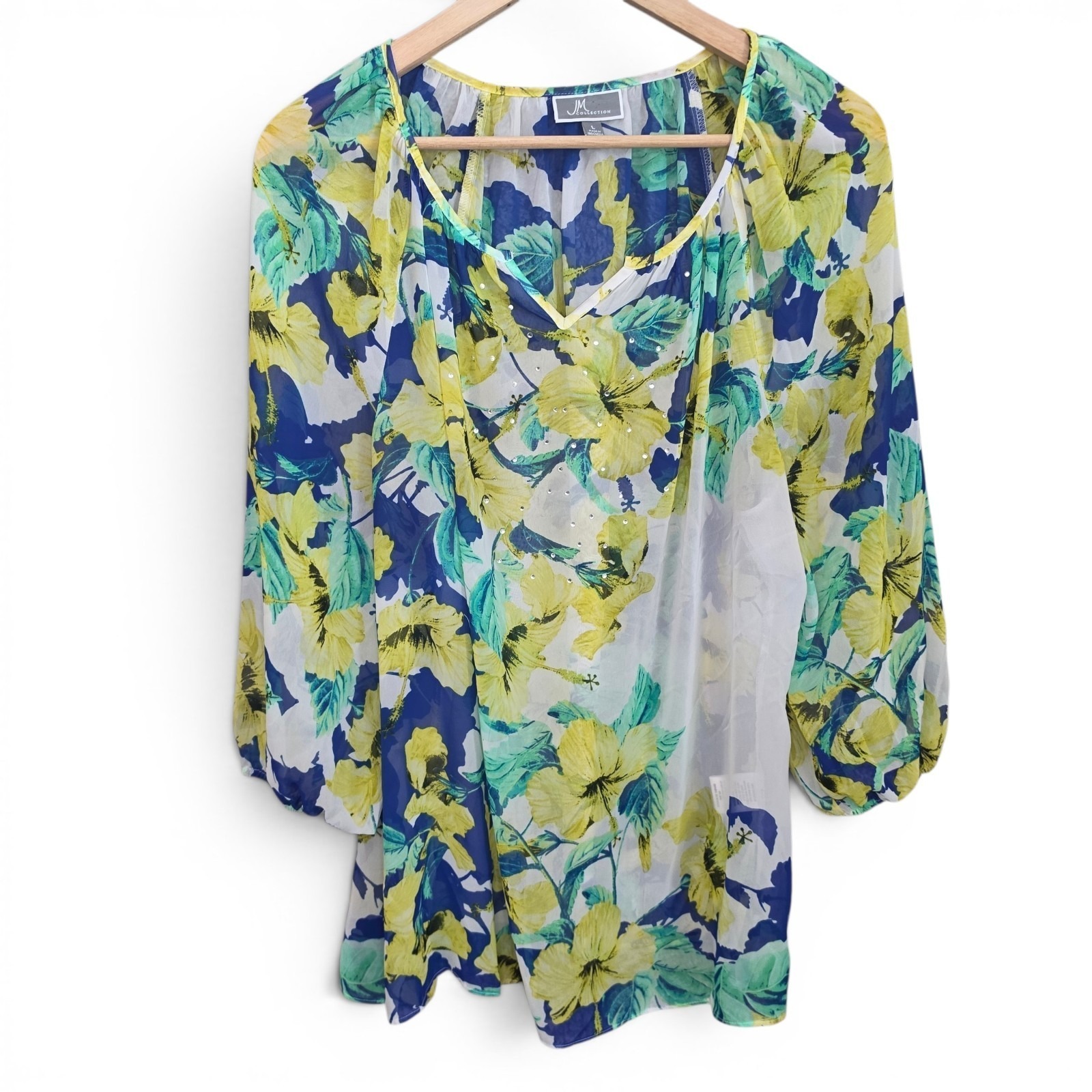 Jm Collection Top Womens Large Blue Yellow Sheer Blouse Embellished Casual